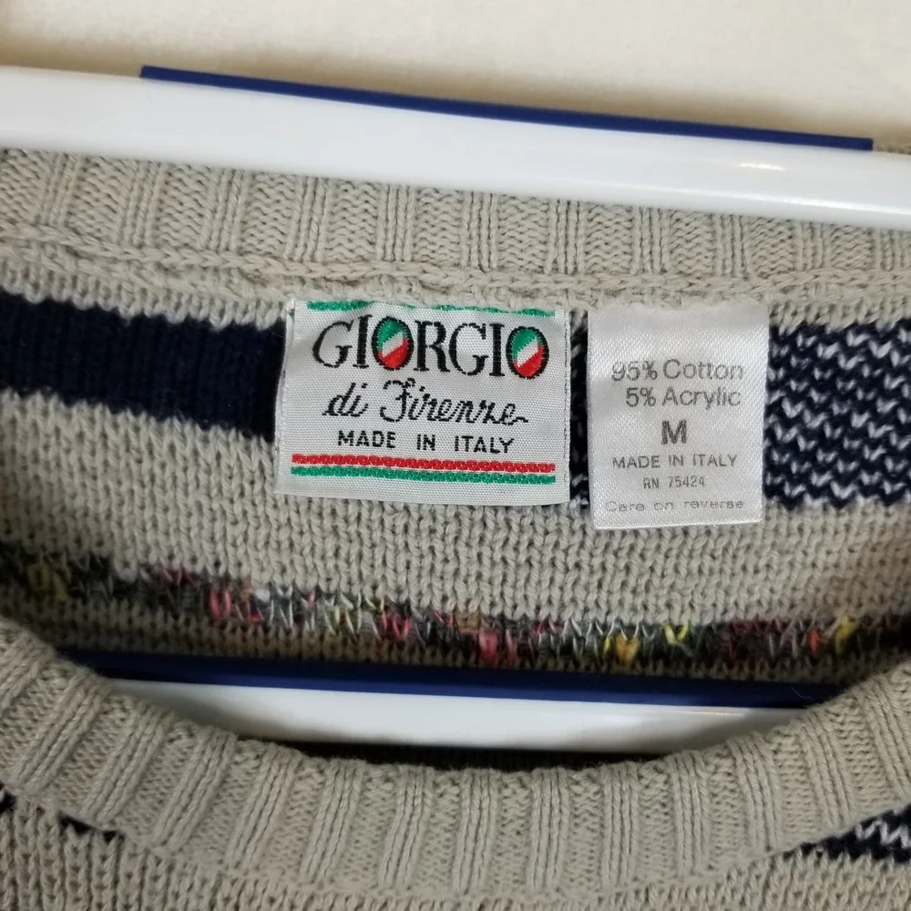 Giorgio di Firenze Men Vintage Geometric Knit Sweater Made in Italy Beige Navy M